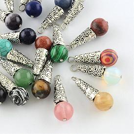 Gemstone Pendants, with Alloy Findings, Antique Silver, Snowcone