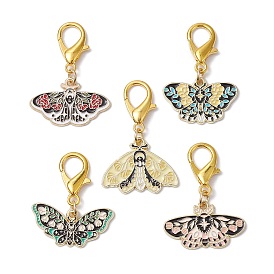 5Pcs 5 Styles Alloy Enamel Pendant Decorations, with Zinc Alloy Lobster Claw Clasps, Butterfly, Flower