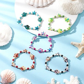 5Pcs Starfish & Turtle Synthetic Turquoise Dyed Beads Stretch Bracelets for Women