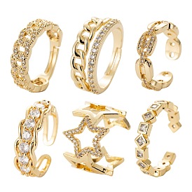 6Pcs 6 Styles Brass Micro Pave Cubic Zirconia Cuff Rings, Open Rings, Long-Lasting Plated, Chain & Hollow Star & Curb Chain Shape & Square with Rhombus & Coffee Bean Chain Shape