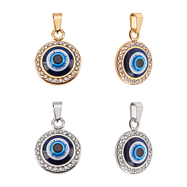 UNICRAFTALE 4Pcs 2 Colors Resin Pendants, with 304 Stainless Steel Fingdings & Rhinestone, Flat Round with Evil Eye