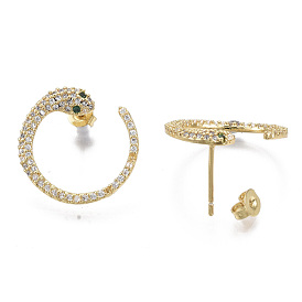 Brass Micro Pave Cubic Zirconia Stud Earrings, Half Hoop Earrings, with Earring Backs, Nickel Free, Snake, Clear