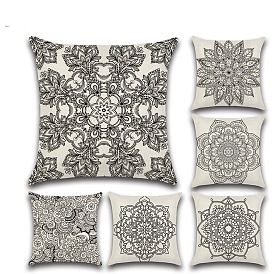 Two Tone Flax Pillow Covers,  Bohemian Style Mandala Pattern Cushion Cover, for Couch Sofa Bed, Square