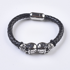 Tressés bracelets cordon en cuir pour hommes, avec 304 accessoires en acier inoxydable et les fermoirs magnétiques, crane