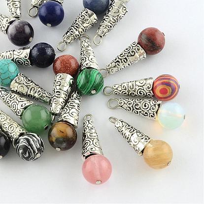 Gemstone Pendants, with Alloy Findings, Antique Silver, Snowcone