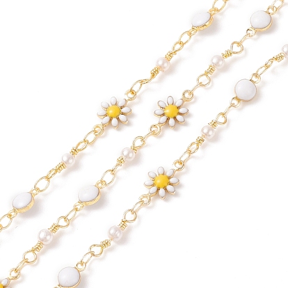 Brass Enamel Flower & Flat Round Link Chains, with CCB Plastic Pearl Beaded, Soldered, with Spools, Cadmium Free & Lead Free