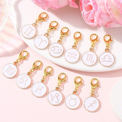 12Шт подвесные украшения из сплава эмали, с цинковым сплавом застежками омаров коготь, плоские круглые с созвездием