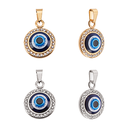 4Pcs 2 Colors Resin Pendants, with 304 Stainless Steel Fingdings & Rhinestone, Flat Round with Evil Eye
