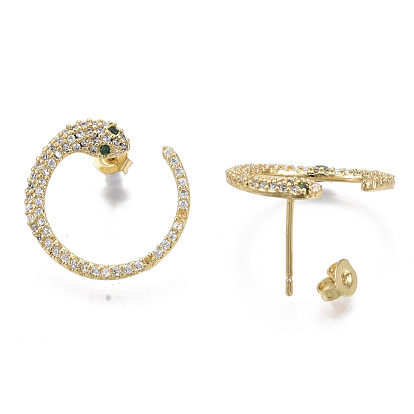 Brass Micro Pave Cubic Zirconia Stud Earrings, Half Hoop Earrings, with Earring Backs, Nickel Free, Snake, Clear