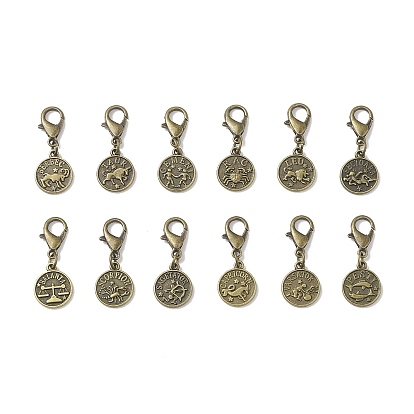 12Pcs 12 Constellations Flat Round Alloy Pendants Decoration, with Zinc Alloy Lobster Claw Clasps