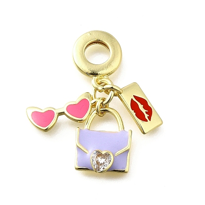 Европейские подвески с паве из латуни, прозрачными кубическими цирконами и цветной эмалью, сердечко очки сумочка большие дырки подвески, долговечный, без свинца и без кадмия, стойки покрытие