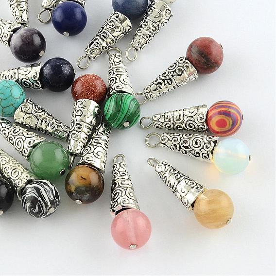 Gemstone Pendants, with Alloy Findings, Antique Silver, Snowcone
