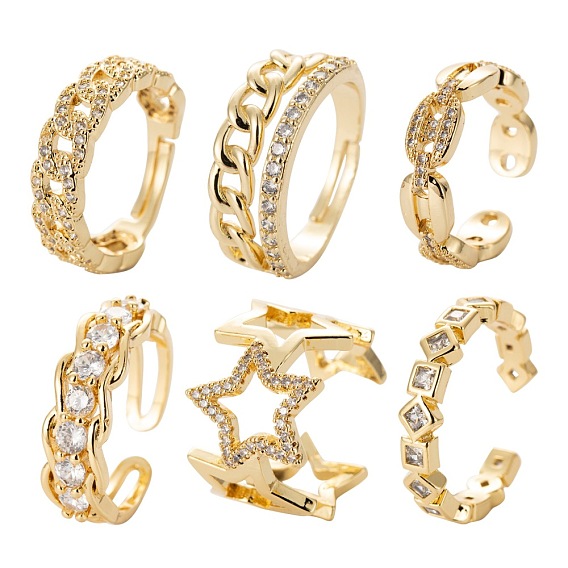 6Pcs 6 Styles Brass Micro Pave Cubic Zirconia Cuff Rings, Open Rings, Long-Lasting Plated, Chain & Hollow Star & Curb Chain Shape & Square with Rhombus & Coffee Bean Chain Shape