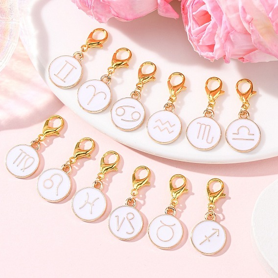 12Шт подвесные украшения из сплава эмали, с цинковым сплавом застежками омаров коготь, плоские круглые с созвездием