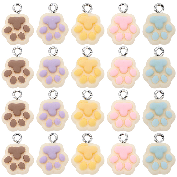 30шт 5 цвета непрозрачная смола отпечатки лап подвески, Подвески в виде кошачьих когтей с железными петлями платинового цвета