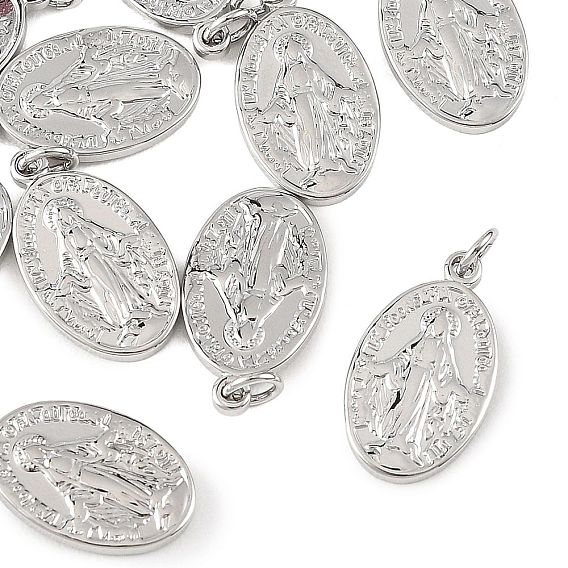 SHEGRACE Religion Brass Pendants, Oval with Virgin Mary Charms, Cadmium Free & Lead Free & Nickel Free