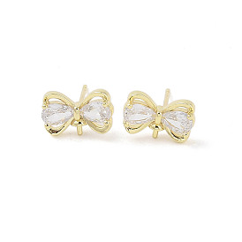 Bowknot Brass Stud Earrings Findings, with Glass