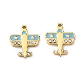304 Stainless Steel Enamel Pendants, Airplane Charms, with Rhinestone