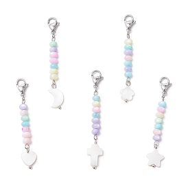 5Pcs Dyed Natural Freshwater Shell Bead Pendant Decoration, with Alloy Lobster Claw Clasps, Moon & Star & Heart & Flower & Cross