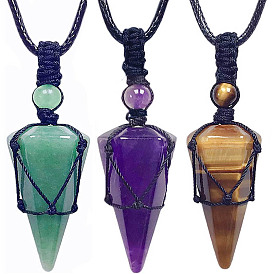 Ожерелья с подвеской в форме конуса из натуральных и синтетических драгоценных камней, колье-мешочек из восковой нити в технике макраме