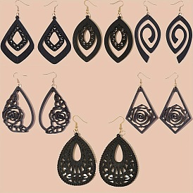 Hollow Iron Wood Dangle Earrings for Women, Teardrop