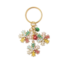 Snowflake Alloy Enamel with Brass Bell Pendant Keychain, Christmas Theme, with Iron Split Key Rings