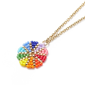 Rainbow Color Japanese Seed Braided Flower Pendant Necklace with 304 Stainless Steel Chains for Women