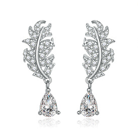 925 Sterling Silver Leaf Tassel Earrings with Drop Pear-shaped Cubic Zirconia Stones for Women