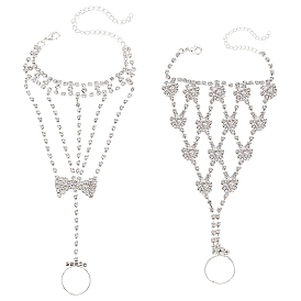 2шт 2 стиль хрустальный браслет с теннисным кольцом и стразами, латунный браслет-цепочка с регулируемым кольцом на палец, ручная цепочка для женщин