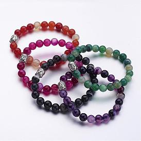 Natural Agate Beaded Stretch Bracelets, with Tibetan Style Alloy Buddha Head Beads, Antique Silver