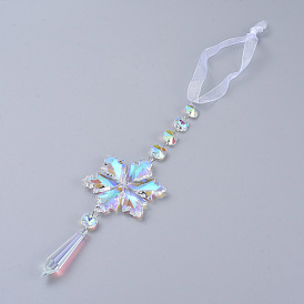 Crystals Chandelier Suncatchers Prisms, Snowflake & Pointed Bullet Glass Hanging Pendant, with Organza Ribbon, Faceted, Full Rainbow Plated