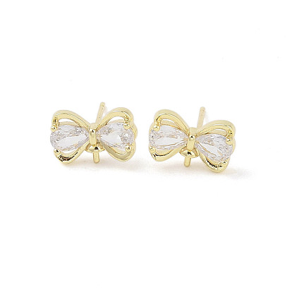 Bowknot Brass Stud Earrings Findings, with Glass