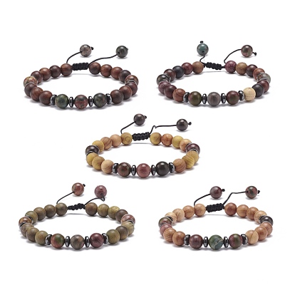 Natural Polychrome Jasper/Picasso Stone/Picasso Jasper & Wood Braided Bead Bracelet, Gemstone Adjustable Bracelet for Women