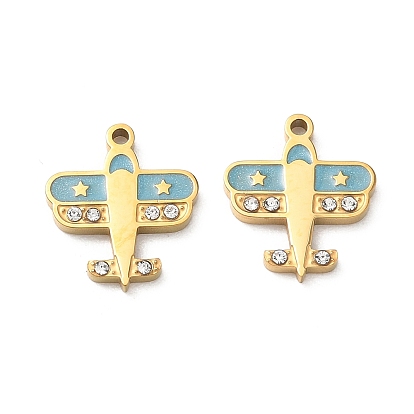 304 Stainless Steel Enamel Pendants, Airplane Charms, with Rhinestone