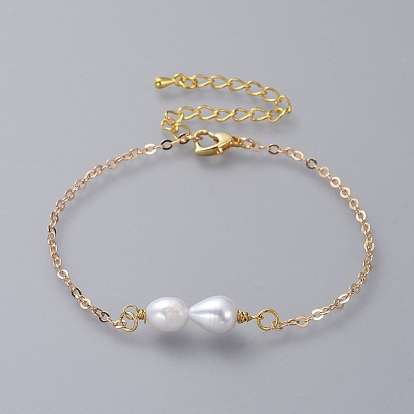 Link Bracelets, with Natural Pearl, Brass Cable Chains and Zinc Alloy Lobster Claw Clasps