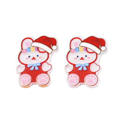 Printed Acrylic Cabochons, with Glitter Powder, Christmas Style, Rabbit