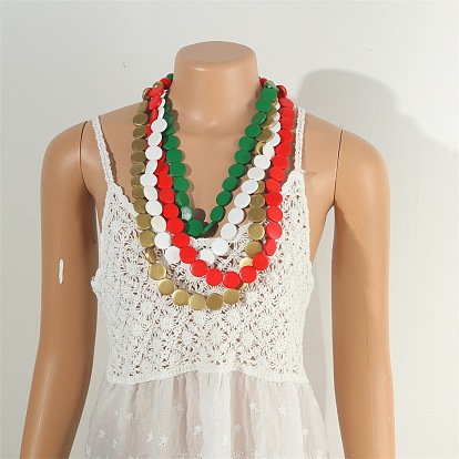 Комплекты из плоских круглых деревянных бусин, многослойных ожерелий и висячих серег