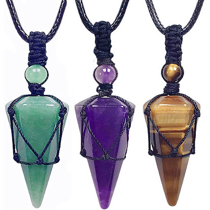 Natura& Synthetic Mixed Gemstone Cone Pendant Necklaces, Wax String Macrame Pouch Necklace