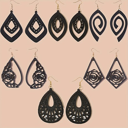 Hollow Iron Wood Dangle Earrings for Women, Teardrop