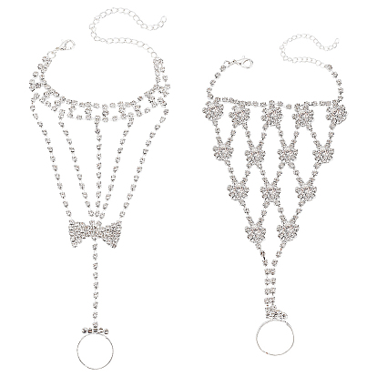 2шт 2 стиль хрустальный браслет с теннисным кольцом и стразами, латунный браслет-цепочка с регулируемым кольцом на палец, ручная цепочка для женщин