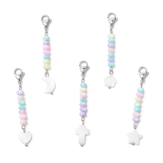 5шт. окрашенные натуральные пресноводные ракушки бусины подвеска украшение, Сплав с застежками когтя омара, луна и звезда и сердце и цветок и крест