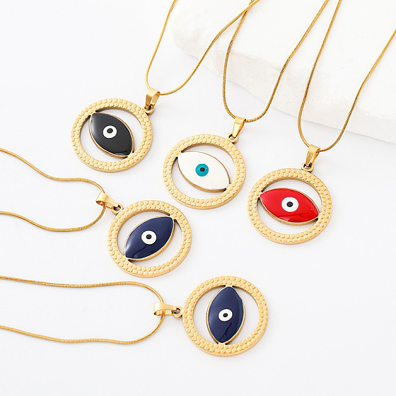 304 Stainless Steel Enamel Evil Eye Pendant Necklaces for Men Women, Golden