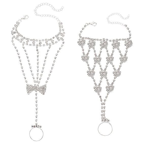 2шт 2 стиль хрустальный браслет с теннисным кольцом и стразами, латунный браслет-цепочка с регулируемым кольцом на палец, ручная цепочка для женщин