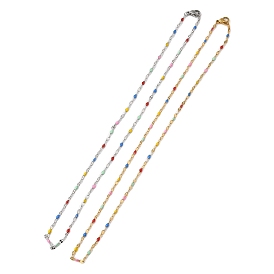 Colorful Enamel Oval & Dapped Link Chain Necklace, 304 Stainless Steel Jewelry for Women