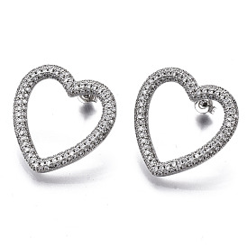 Brass Micro Pave Clear Cubic Zirconia Stud Earrings, with Ear Nuts, Heart, Nickel Free