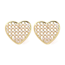 Rack Plating Brass Heart Stud Earring, with Plastic Pearl Beads, Long-Lasting Plated, Lead Free & Cadmium Free