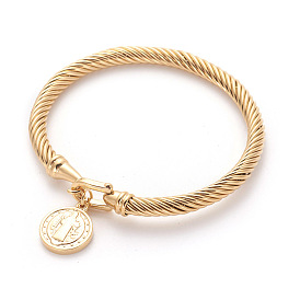 304 Stainless Steel Twist Rope Chains Bangle with Saint Benedict Charm, Easter Jewelry for Women