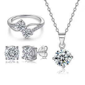 Minimalist Luxury Jewelry Set: Twisted Ring, Round CZ Studs, Silver Necklace - S925 Sterling Silver