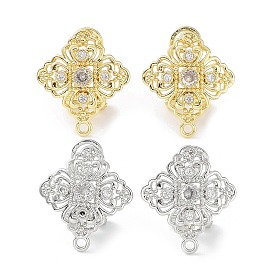 Hollow Rhombus Brass Micro Pave Cubic Zirconia Stud Earrings Finding, with Horizontal Loops, Cadmium Free & Lead Free