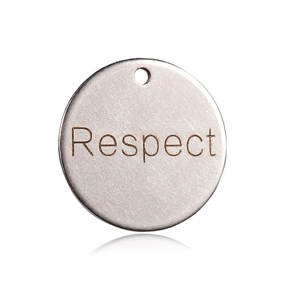 Spray Painted 201 201 Stainless Steel Pendants, Flat Round with Words, 20x1mm, Hole: 1mm
